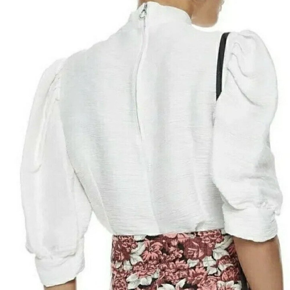 SANDRO Paris Janyce Womans Sz 3 (L) Ecru Puff Sleeve Cloqué Blouse Cropped Top - Picture 2 of 8